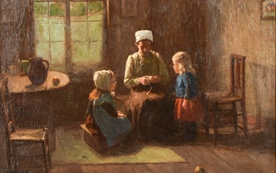 H van Riet (XX) - Moeder met kinderen in een boerderij-interieur
