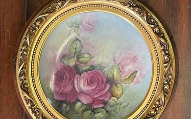 HAND PAINTED PINK & RED ROSES PORCELAIN CHARGER Signed A J ANCHIN GILT WOOD FRAME A Splendid Hand