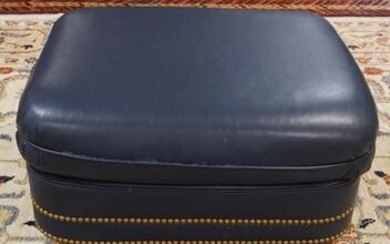 HANCOCK AND MOORE BLUE LEATHER FOOT STOOL WITH BRASS