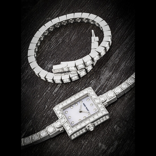 HARRY WINSTON. A LADY’S 18K WHITE GOLD AND DIAMOND-SET RECTANGULAR BRACELET WATCH WITH MOTHER-OF-PEARL DIAL AND MATCHING BRACELET SEMIRA MODEL, CIRCA 2009