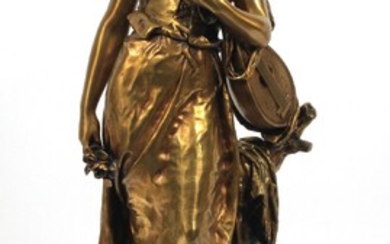 HIPPOLYTE MOREAU, FR. 1832 - 27, BRONZE SCULPTURE OF MANDOLIN PLAYER ON CLOCK BASE 19TH.C. H 30"