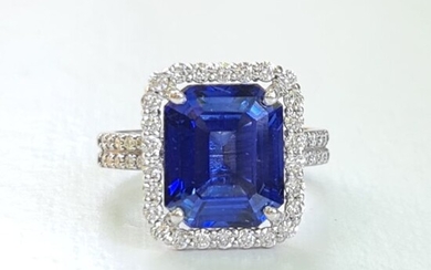 Halo Sapphire Diamond Ring - 14 kt. White gold - Ring - 7.89 ct Sapphire - 0.90 ct DiamondsD-G/VS