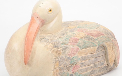 Hand-Carved and Painted Hardwood Sitting Ibis Bird Figure, Late 20th Century