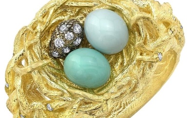 Handmade Contemporary 18K-Yellow Gold, Diamond & Enamel 'Robins Bird Nest Ring