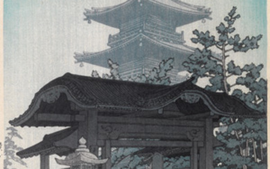 Hasui, Kawase (1883-1957)Der Zentsuji-Tempel im Regen. Japanischer Farbholzschnitt.