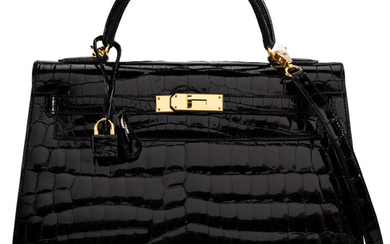 Hermès 32cm Shiny Black Niloticus Crocodile Sellier Kelly Bag...