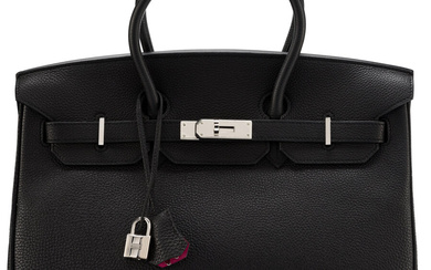 Hermès 35cm Special Order Horseshoe Black & Rose Tyrien...