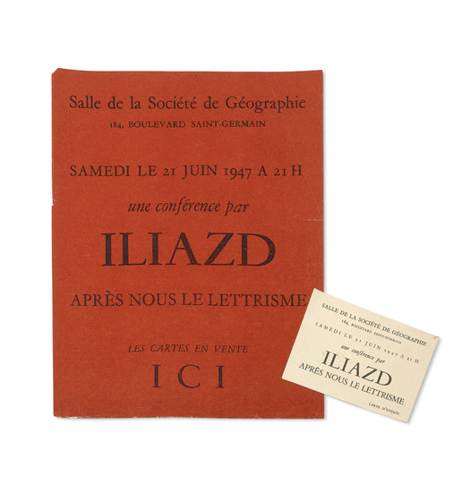 ILIAZD, Ilia Zdanevitch dit. Après nous le lettrisme - Affiche et carte d'entrée. Imprimerie Union, Louis Barnier, 1947