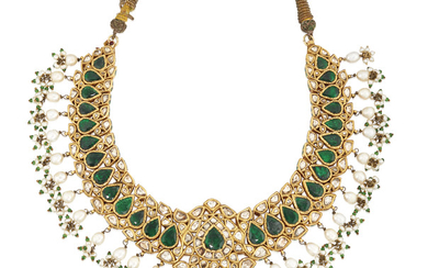INDIAN EMERALD, PEARL, ENAMEL AND DIAMOND NECKLACE