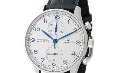 IWC. Tasteful and Refined Portugieser Chronograph Wristwatch in Steel, Reference 3716 with White Dial