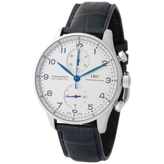 IWC. Tasteful and Refined Portugieser Chronograph Wristwatch in Steel, Reference 3716 with White Dial