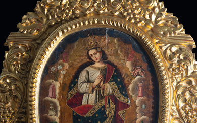 Important Immaculate Virgin on panel, New Spanish colonial school of...