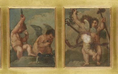 Italian School, late 17th/early 18th Century- Angels with the instruments of the Passion; oil on copper panels, in common mount and frame, each 13 x 10 cm., four (4).