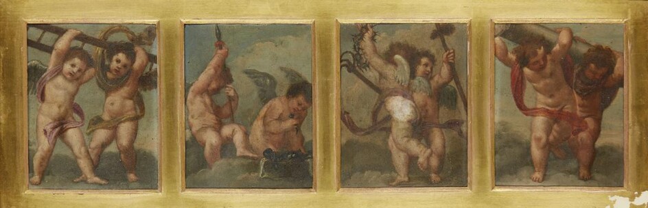 Italian School, late 17th/early 18th Century- Angels with the instruments of the Passion; oil on copper panels, in common mount and frame, each 13 x 10 cm., four (4).