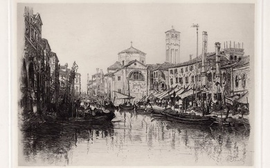 J. H. Bradely 1887 print Marktpatz in Chioggia (Market in Chioggia) signed