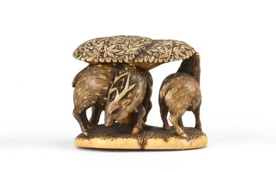 JAPANESE IVORY NETSUKE By Masakazu (1868-1911). In the form of three deer beneath maple trees. Signed. Length 1.3". Not available fo...