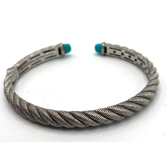 JUDITH RIPKA Sterling Silver Turquoise Cuff Bracelet. Hinged Cuff with twisted rope cable design. Ca