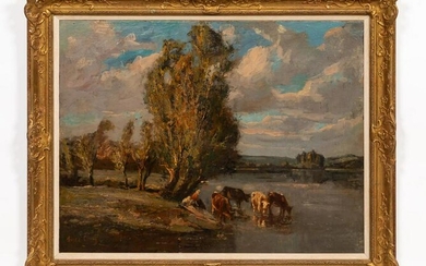 JULES LEROY, LANDSCAPE WITH COWS, GILTWOOD FRAME