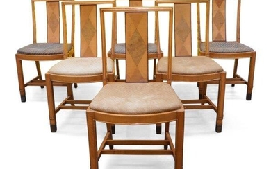 James Henry Sellers (British 1861-1954), a set of six satinwood dining chairs, c.1930, The broad splat backs over drop in seats, on square section supports with brass sabots, Each 87cm high, 46cm wide (6) Literature: J.C Rogers, 'Modern English...