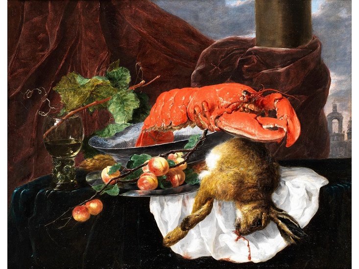 Jan Fyt, 1611 Antwerpen – 1661 ebenda, STILLLEBEN MIT HUMMER, HASE UND FRüCHTEN