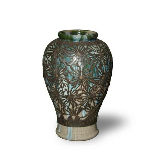 Japanese Flambe Vase with Copper Floral Overlay