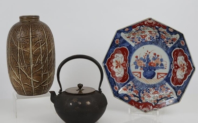 Japanese Iron Teapot and Imari Octagonal Plate