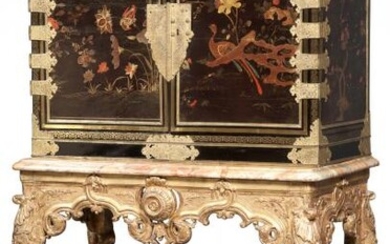 Japanese Lacquer, Tortoiseshell, Ebony, Brass-Inlaid and Gilt-Metal-Mounted Cabinet on Régence Giltwood Stand