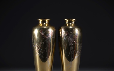 Japon - Paire de vases en bronze doré gavés à décor de coqs, époque Meiji....