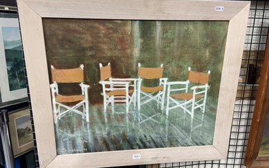 Jenny Wareham - "Deck Chairs in the Rain, 1992", oil on canvas on board, 39 x 50, signed and dated lower right