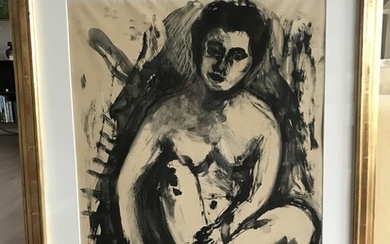 Jens Søndergaard: Study of a seated naked woman. Signed Jens Søndergaard 1953, No. 4/14. Lithograph. Frame size 98×74 cm.