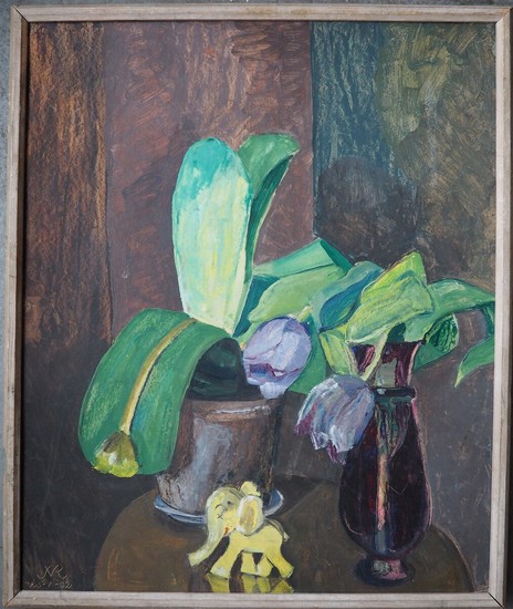 Johanne Valeur Kyhn: Still life with yellow elephant. Signed with monogram JVK and dated 25–1-32. Oil on cardboard. Frame size 51.5×43 cm.