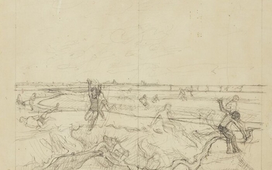 John Wonnacott CBE, British b.1940- Estuary mud flat, boys leaping; pencil on paper, 26.5 x 34.5 cm (ARR) Provenance: gifted by the Artist