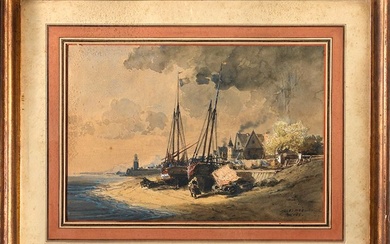 Jules NOËL (1810-1881) Bateaux sur la grève Aquarelle gouachée Signé et daté 1866 en bas...