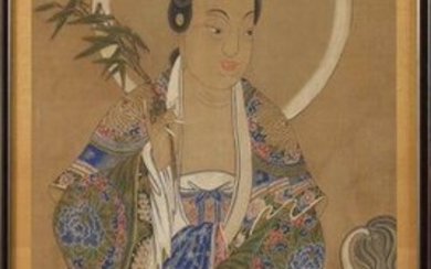 "Kuan Yin, Goddess of Mercy" watercolor on silk. Chinese work. Period: 19th century, Ching dynasty. Provenance: Jongen collection. (A documentation is attached). Size : 154x75,5cm.