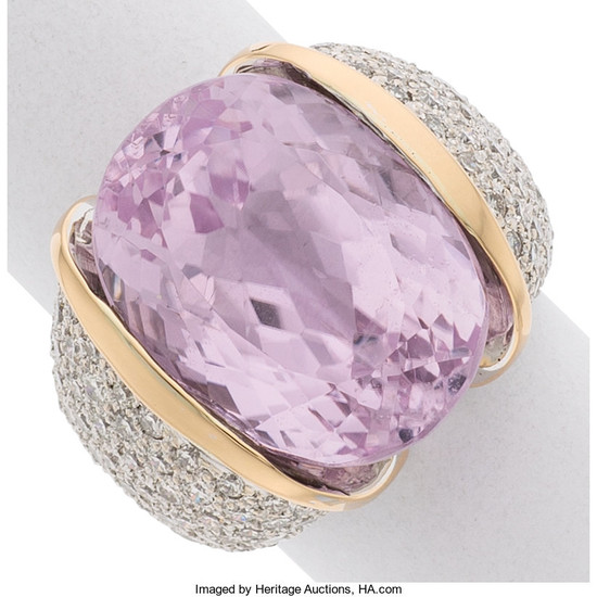 Kunzite, Diamond, White Gold Ring The ring features a...