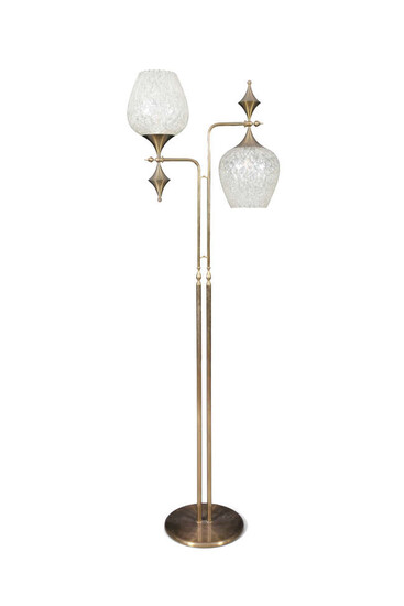 LAMP A brass floor lamp, with two opaline...