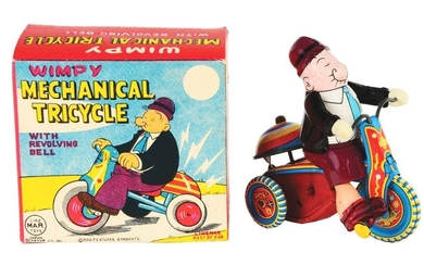 LINEMAR TIN-LITHO WIND-UP WIMPY TRICYCLE TOY.