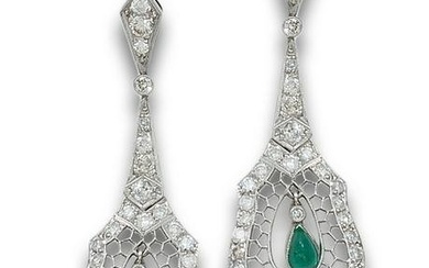 LONG EARRINGS, OLD STYLE, DIAMONDS, EMERALD AND PLATINUM