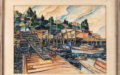 LUCY STELLE BROWN L'ENGLE, New York/Massachusetts, 1889-1978, Harbor view., Watercolor on paper, 13" x 17.5" sight. Framed 19" x 23.5"