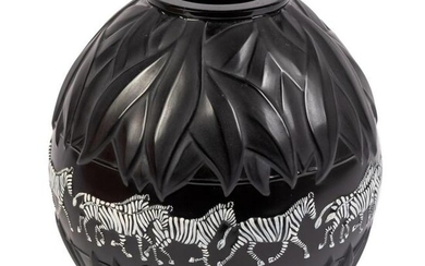 Lalique Tanzania Black Enamel & Crystal Zebra Vase