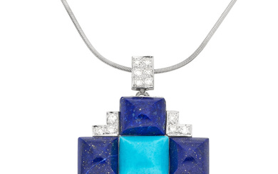 Lapis Lazuli, Turquoise, Diamond, White Gold Pendant-Necklace, Austrian Stones:...