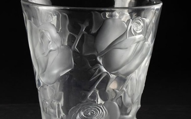 Large French Crystal Vase by Lalique Model Ispahan with Etched & Frosted Roses