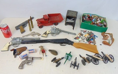 Large toy lot, 2 Schuco toys, various plastic and metal toy soldiers, Indians, toy guns, various