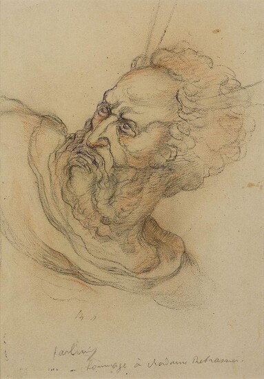 Léonard Sarluis, French 1874-1949- Study of a man's head and shoulders, turned to the left (recto); study of a man's downcast head and shoulders (verso); pencil and coloured chalks, signed and inscribed lower edge, 35 x 24 .5 cm Provenance: Private...
