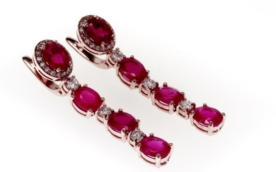 Lilo Diamonds - 14 kt. Pink gold - Earrings - 7.35 ct Ruby - Diamond