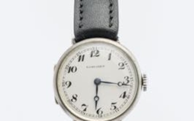Longines Lady, 10s Silver round case, hinged lugs. White dial,...