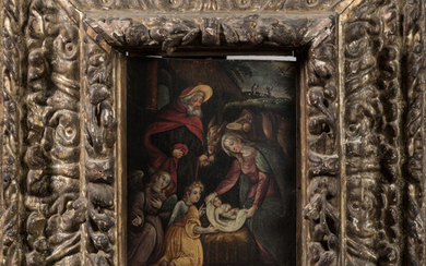 Lot 41 ECOLE FRANCAISE du XVIIème siècle "Nativité". Huile sur panneau de chêne. 26 x 21 cm. Légers manques en bordure. RM