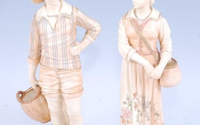 A pair of Royal Worcester blushware figures modelled as the French Fisherman and his companion