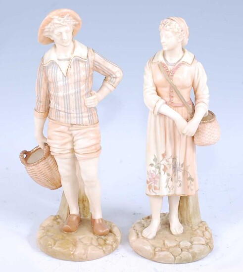 A pair of Royal Worcester blushware figures modelled as the French Fisherman and his companion
