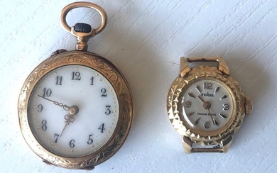 Lot d'or composé de 2 montres, un boitier montre de dame signé "EVIANA", une montre de gousset double coq en or